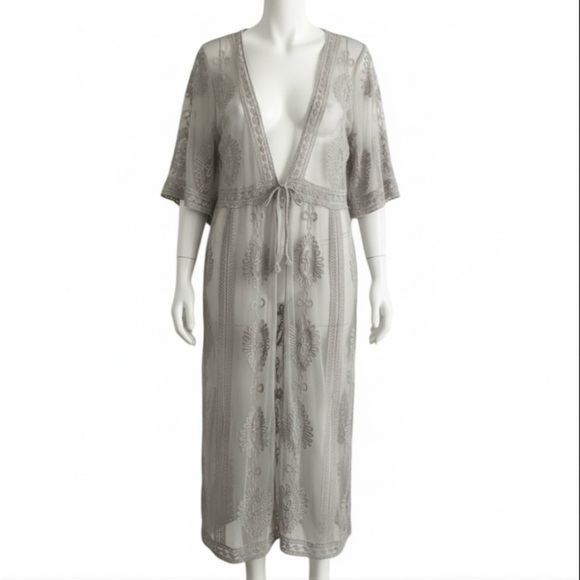 Lace Sheer Kimono Duster OS Gray Boho Hippie Festival Dainty Ethereal Fairycore - Picture 12 of 12